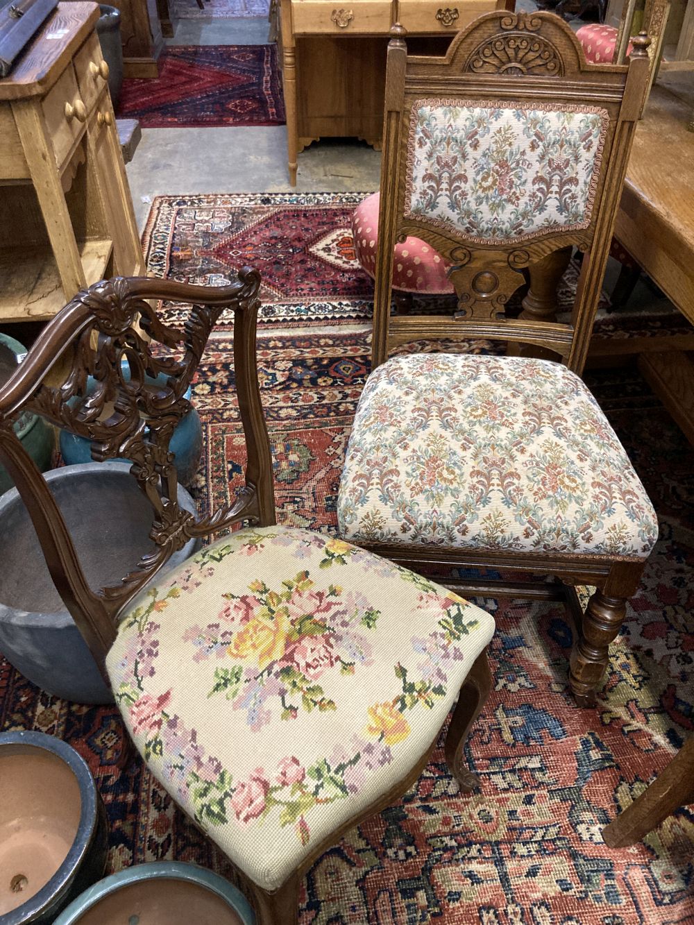 A set of four late Victorian carved oak dining chairs and a pair of Edwardian carved mahogany bedroom chairs (6)